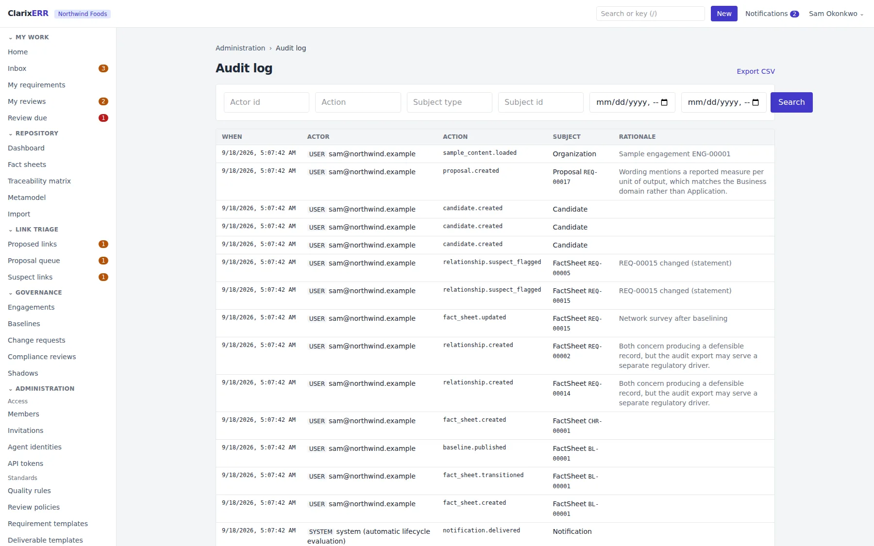 The audit record: each change with its actor, its time, and what it changed.