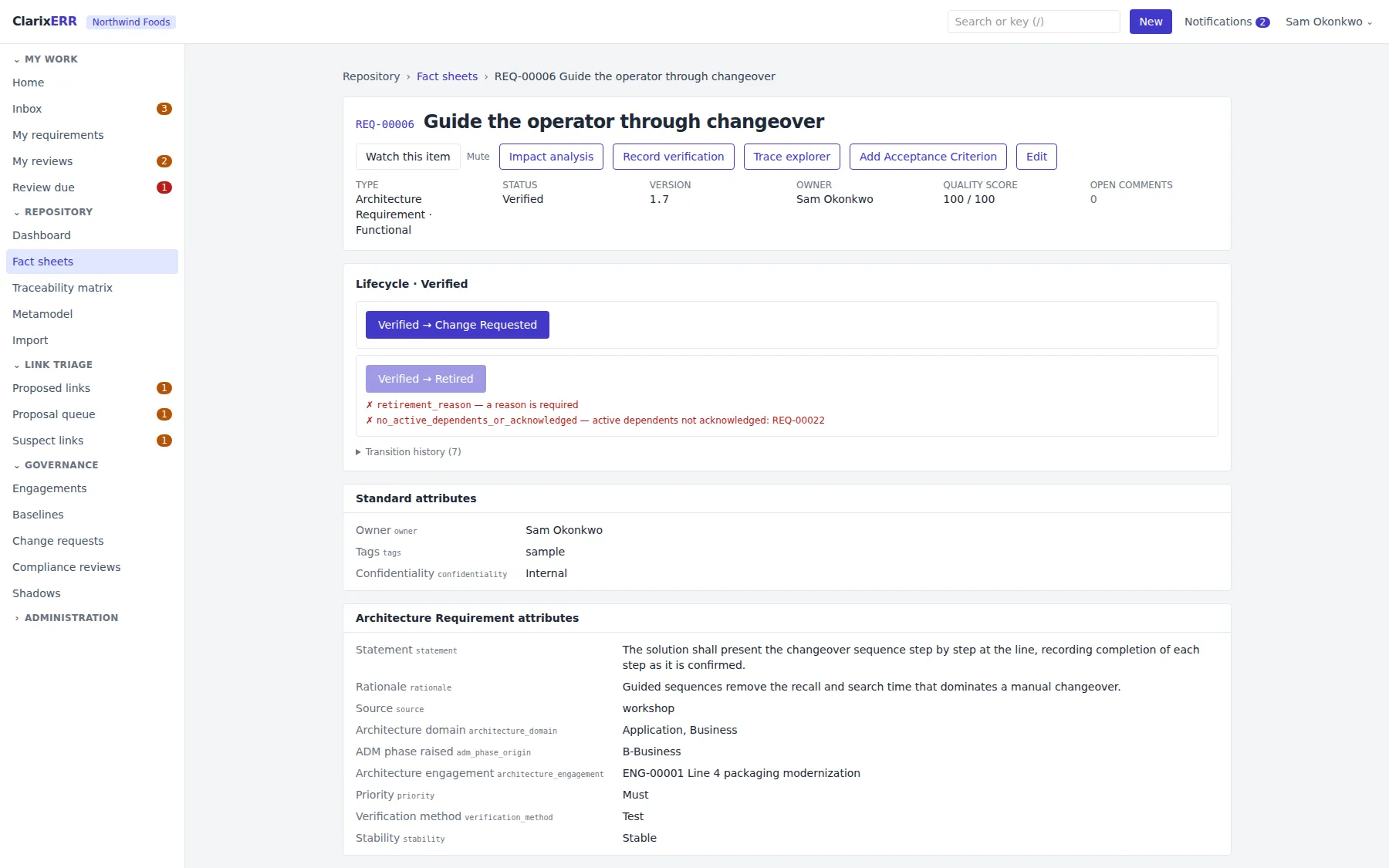 A requirement in detail: its statement and attributes, its lifecycle state, its quality score, and the trace links that reach it.
