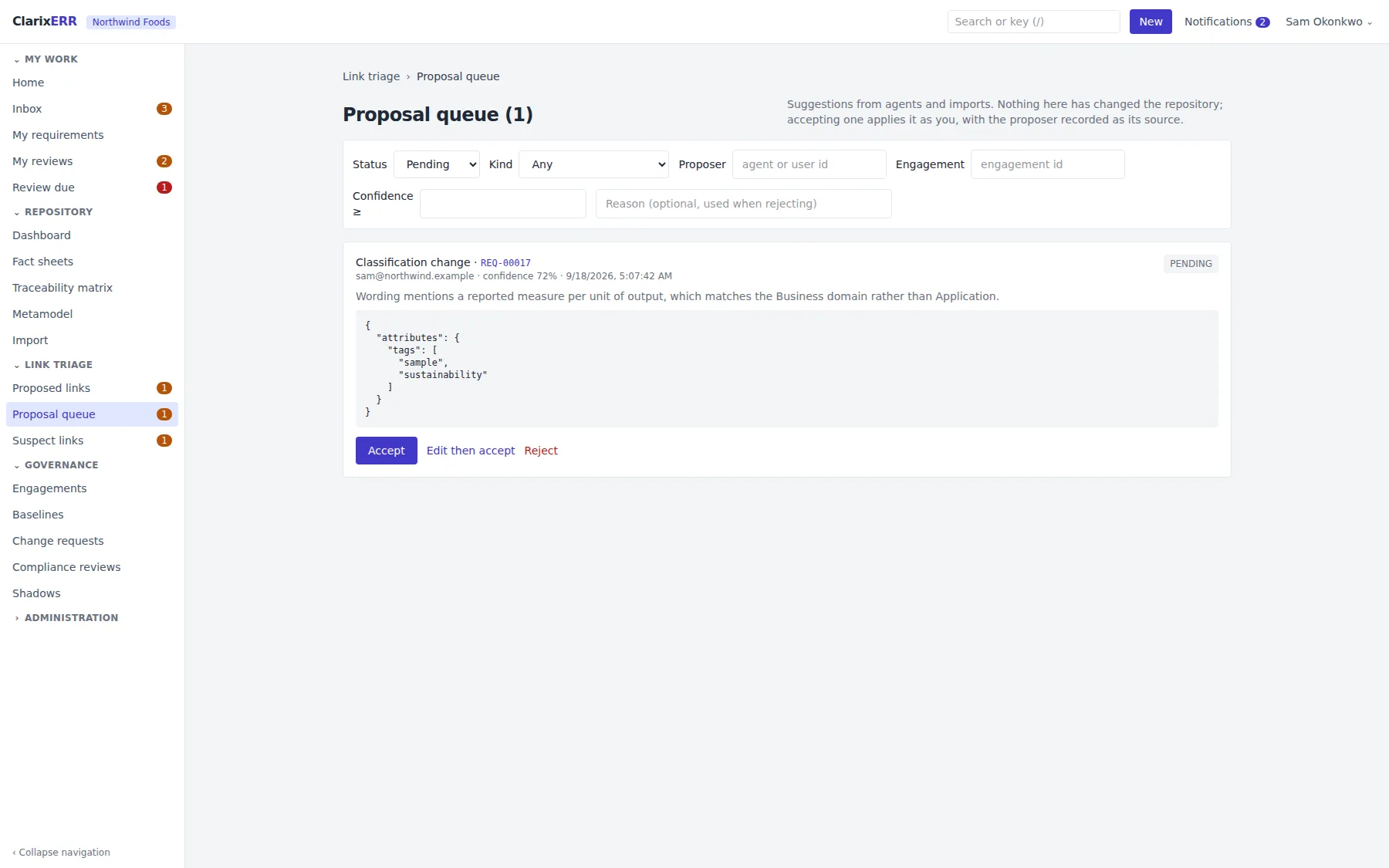 The proposal queue: an agent's suggestions waiting on a person to accept, edit or reject each one.